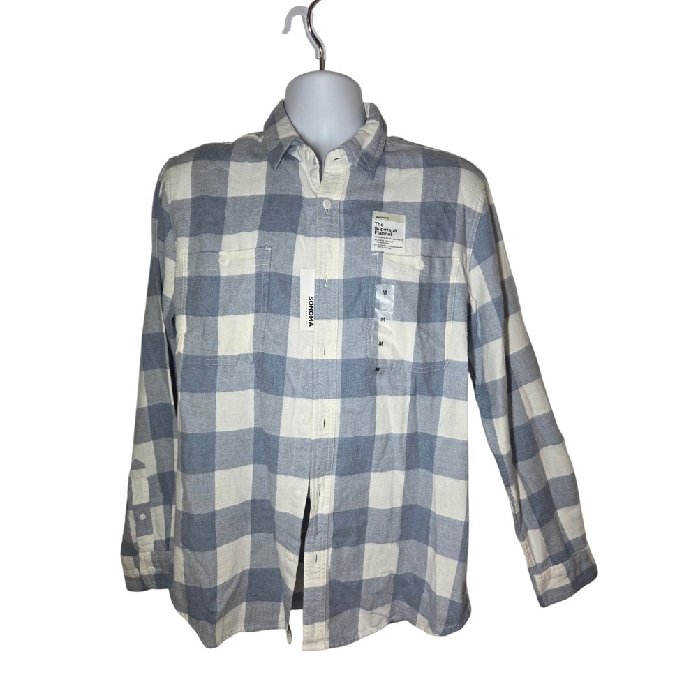 Sonoma Men's Supersoft Cotton Flannel Checkered Blue White Button Up M NWT